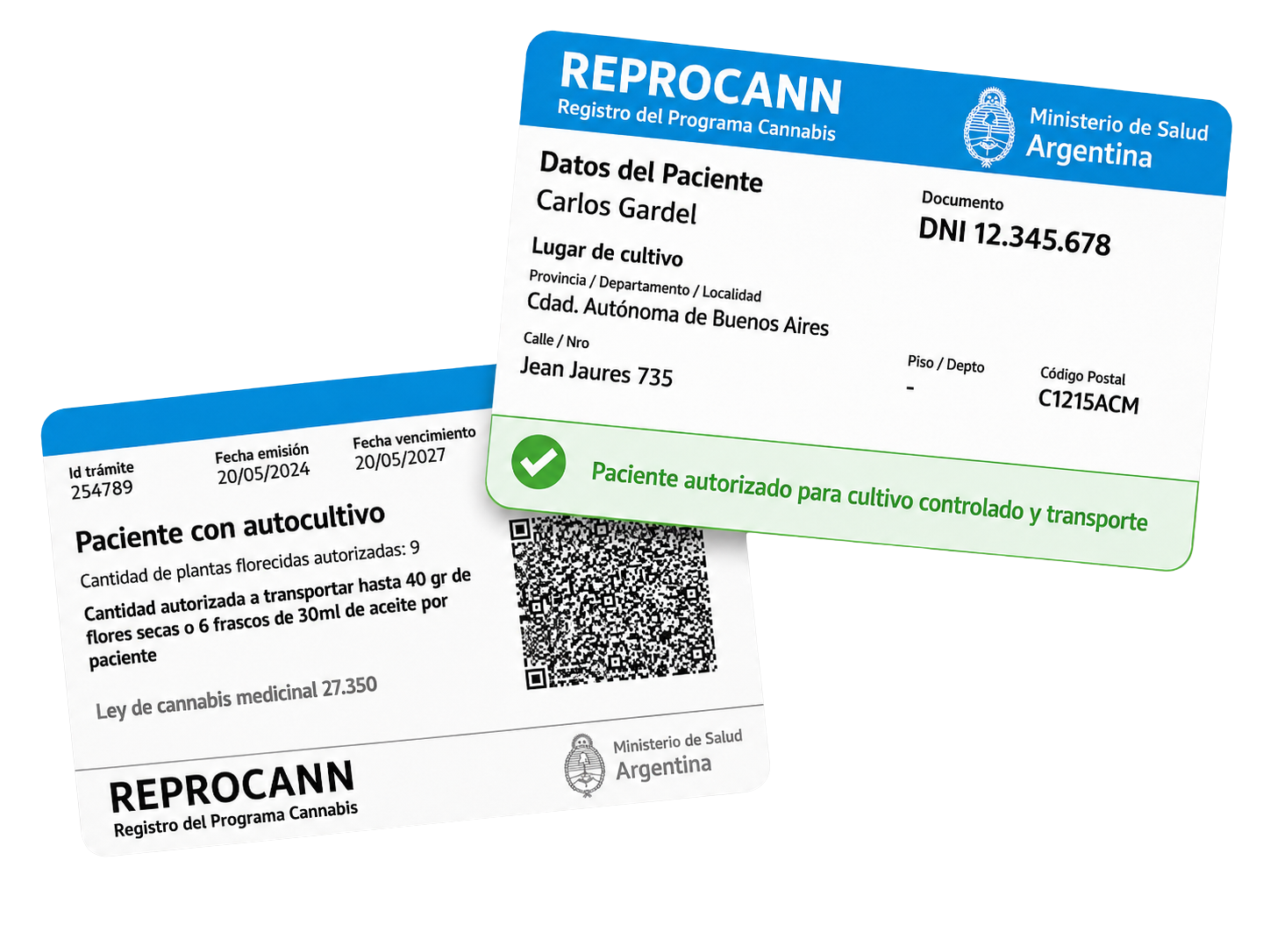 Credenciales físicas Reprocann ilustrativas
